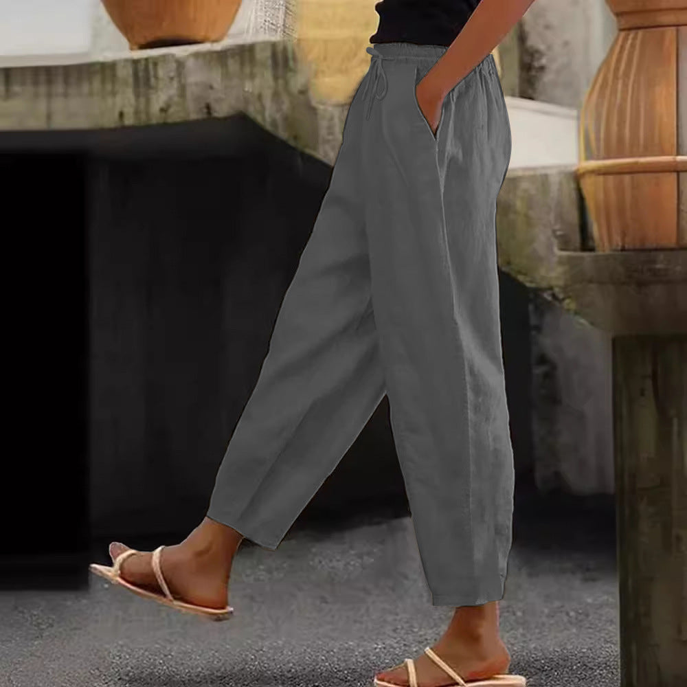 Cotton-Linen Elastic Waist Pants
