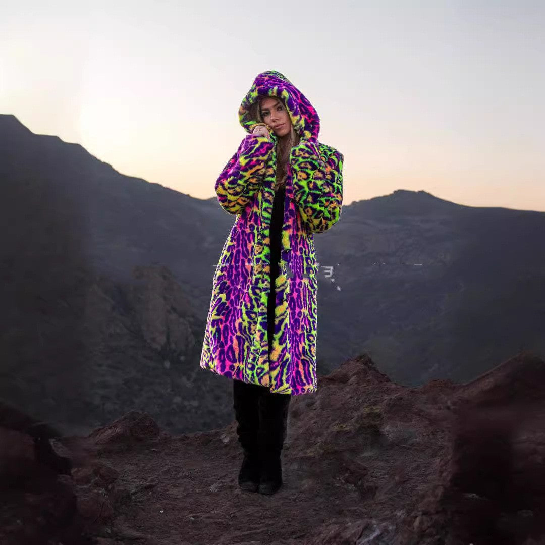 Neon Leopard Faux Fur Coat
