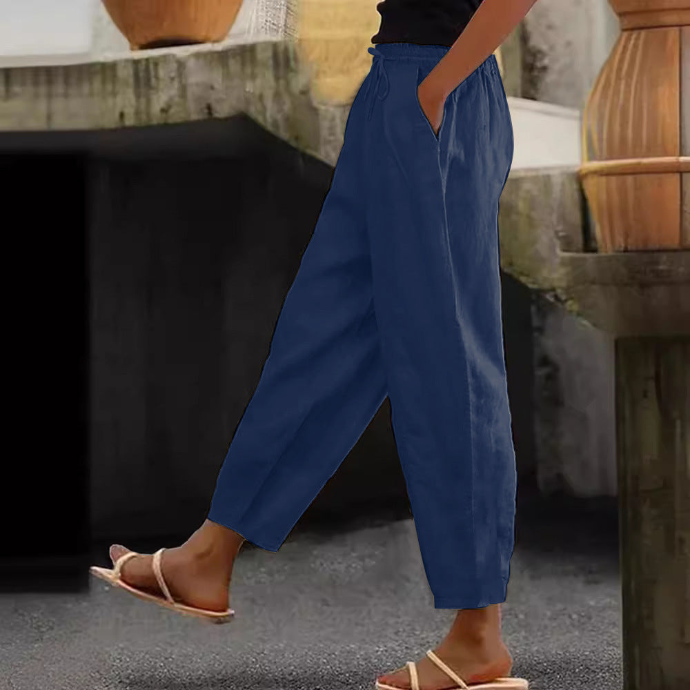 Cotton-Linen Elastic Waist Pants