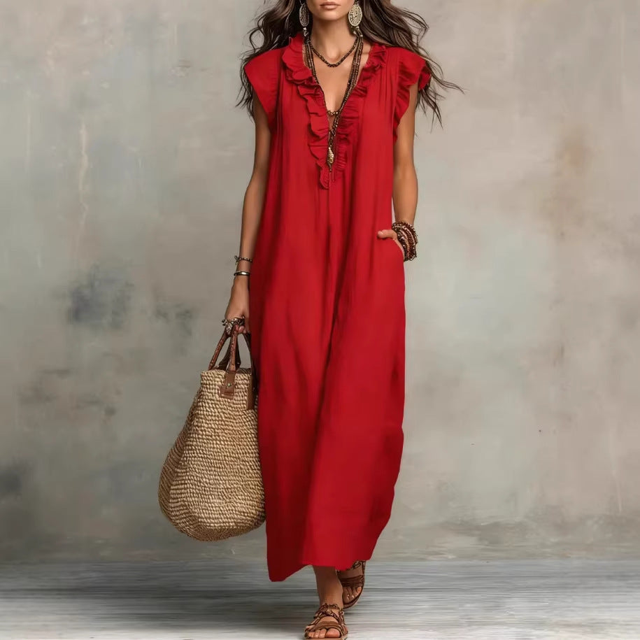 Women's Ruffle A-Line Dress with Pockets