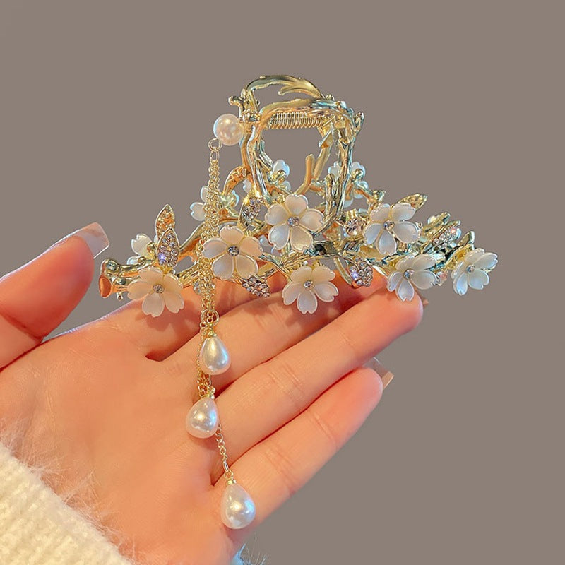 Pearl & Rhinestone Tassel Hair Claw Clip