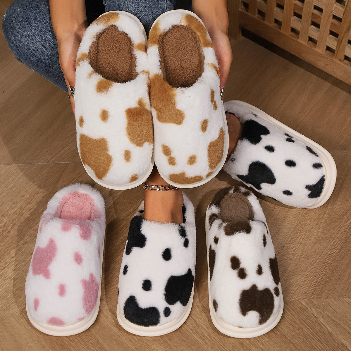 Cow Print Plush Slippers