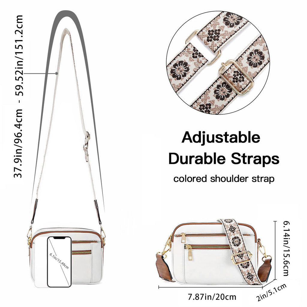 Triple-Zip Crossbody Bag with Embroidered Strap
