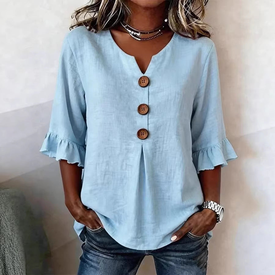 Ruffle-Sleeve Button Blouse