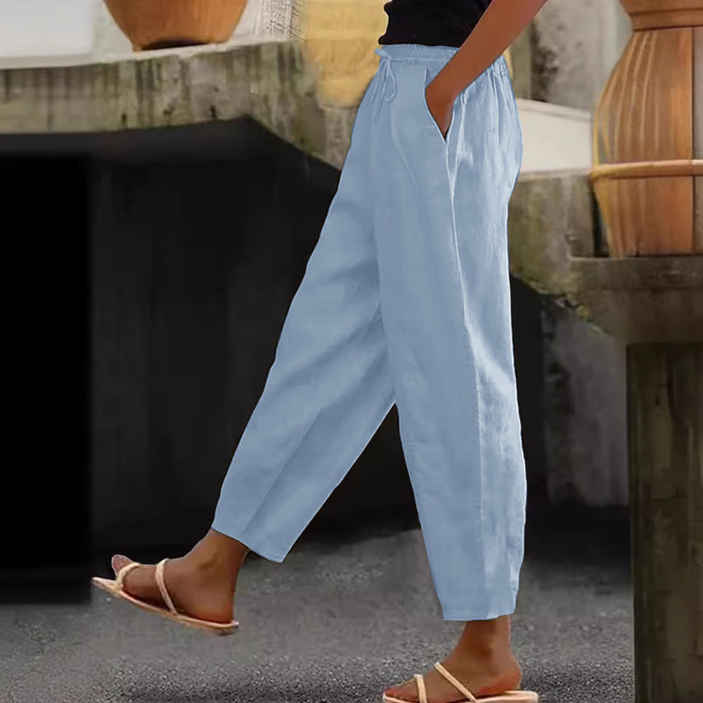 Cotton-Linen Elastic Waist Pants