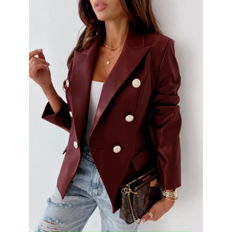 Women's Faux Leather Double-Breasted Blazer