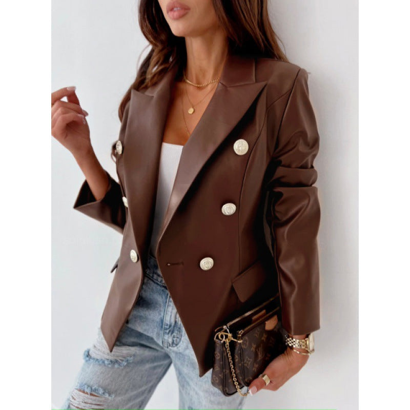 Women's Faux Leather Double-Breasted Blazer