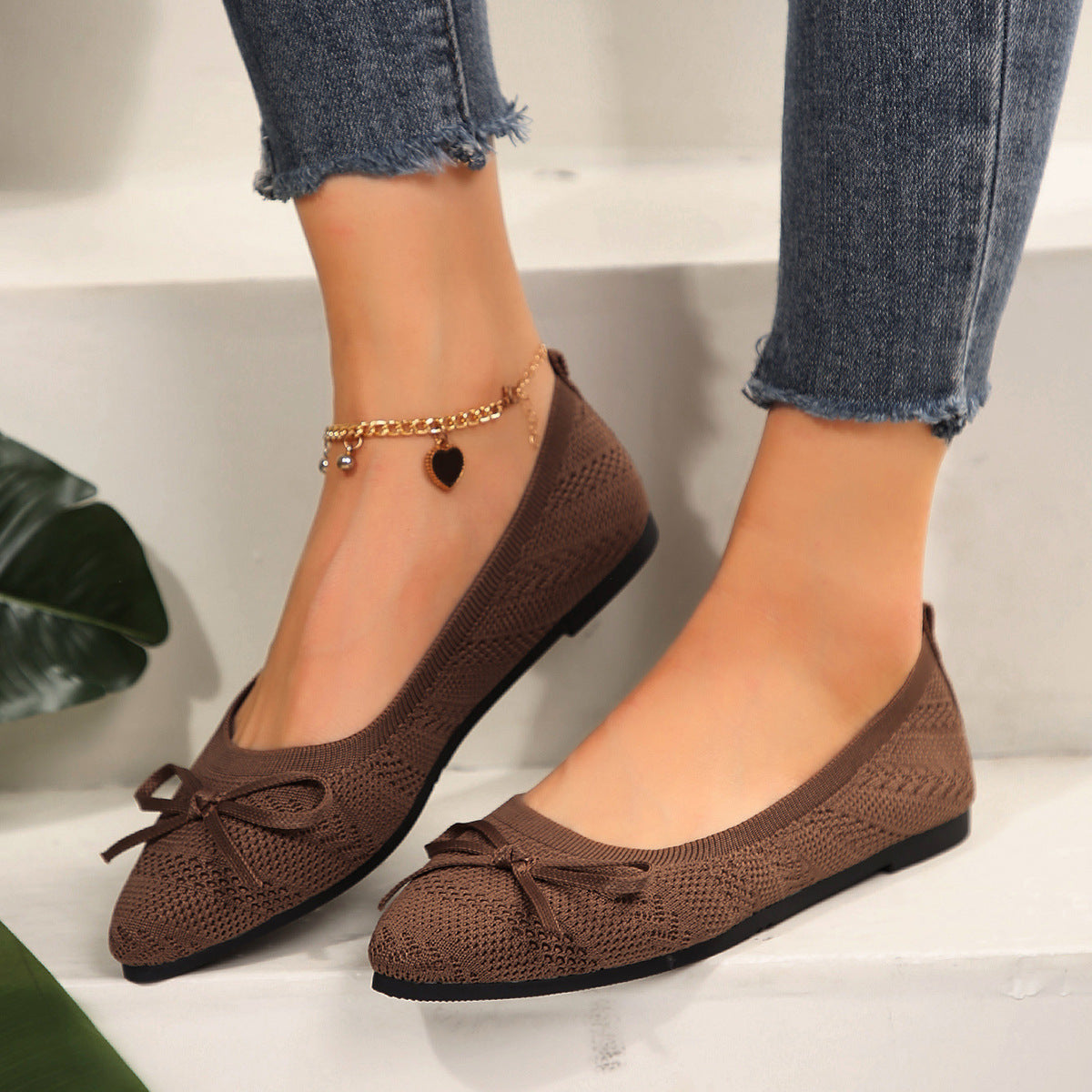 Bow Knit Pointed-Toe Flats