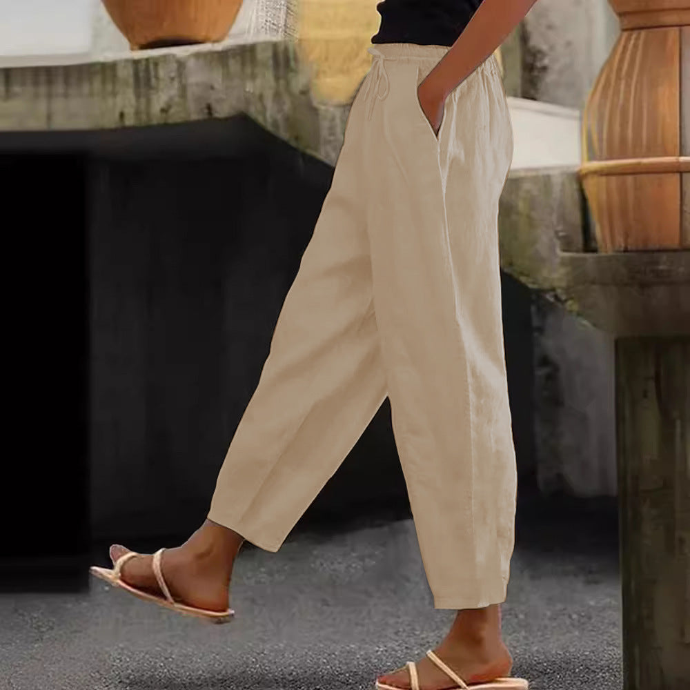 Cotton-Linen Elastic Waist Pants