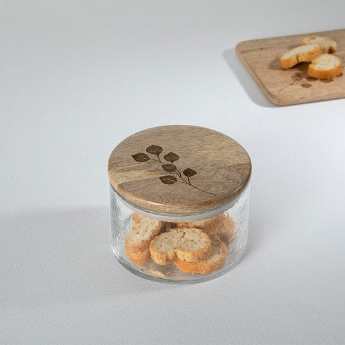 Leafy Twig Glass Jar with Wood Lid