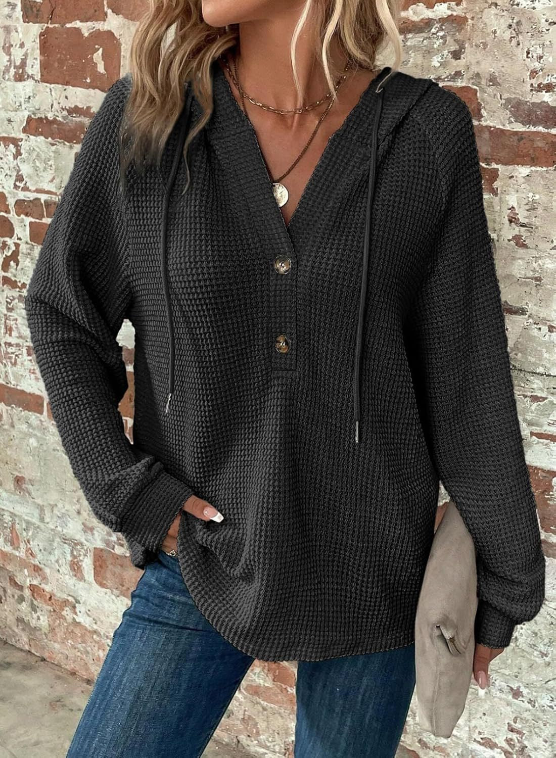 Waffle-Knit Hooded Sweatshirt