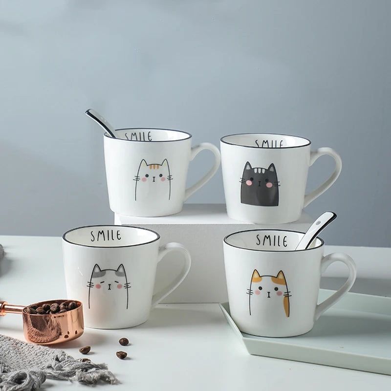 Cartoon Cat Ceramic Mug with Spoon