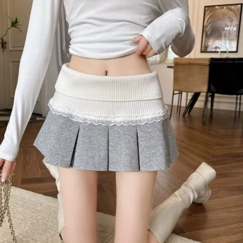 Lace-Trim Pleated Mini Skirt