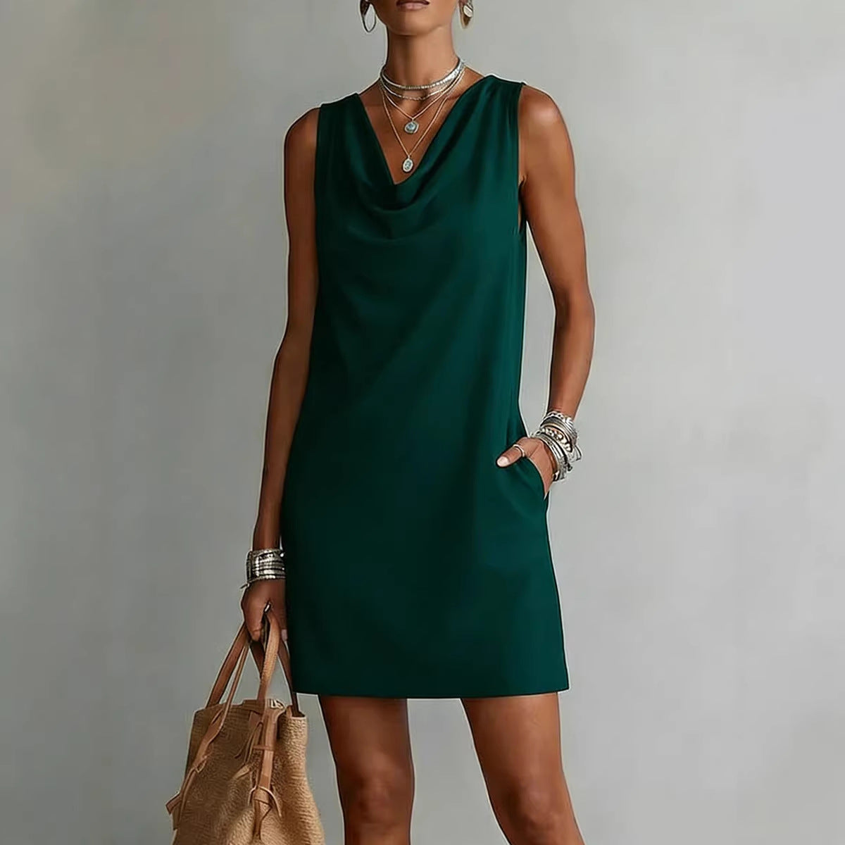 Draped-Neck Sleeveless Dress