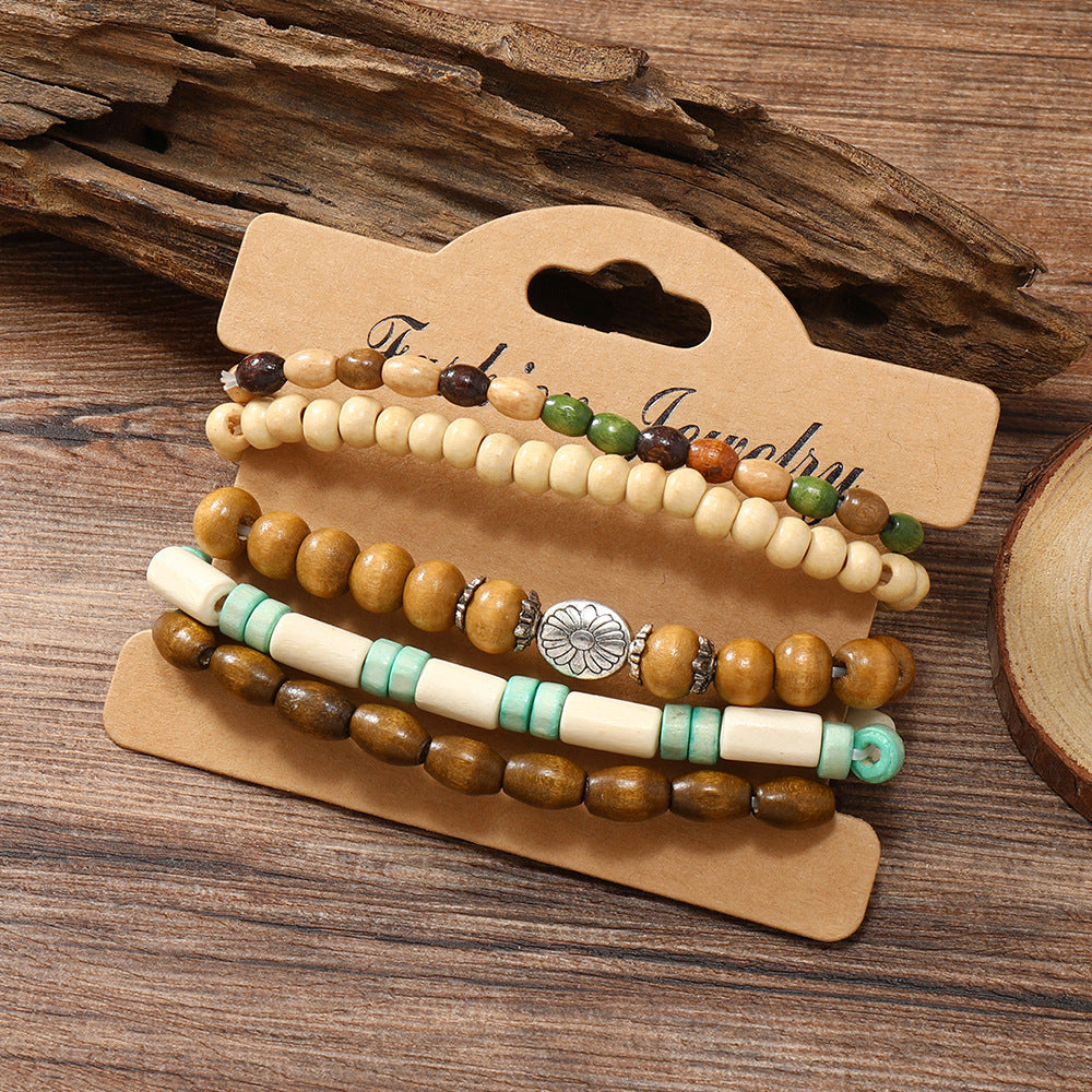 Wooden Bead Flower Bracelets (5 pcs)