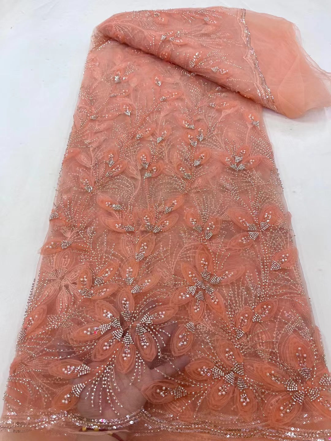Floral Beaded Tulle Lace Fabric (5 Yards)