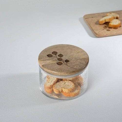 Leafy Twig Glass Jar with Wood Lid