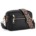 Triple-Zip Crossbody Bag with Embroidered Strap