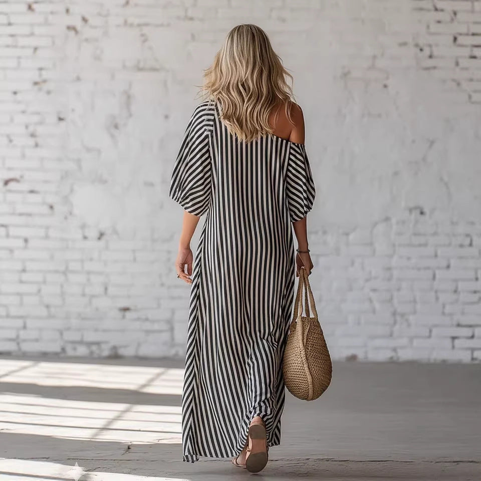 Striped Off-Shoulder Maxi Dress