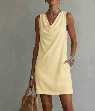 Draped-Neck Sleeveless Dress