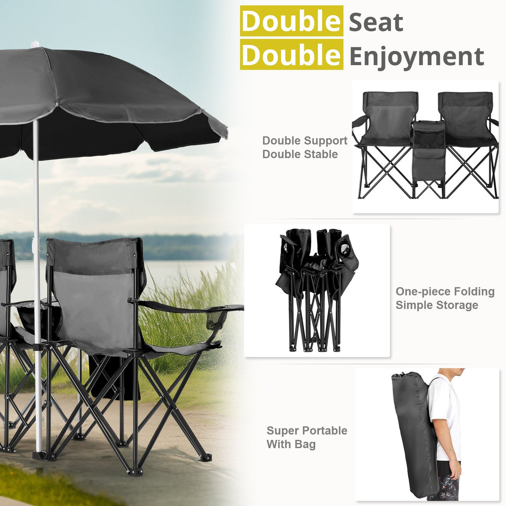 2-Seat Folding Camping Chair with Umbrella