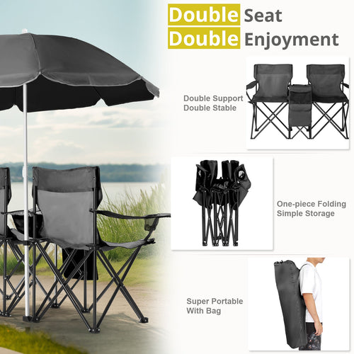 2-Seat Folding Camping Chair with Umbrella