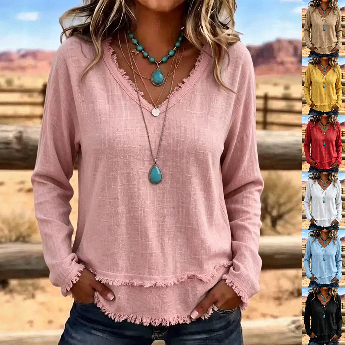 Women's Tassel V-Neck Long-Sleeve Top