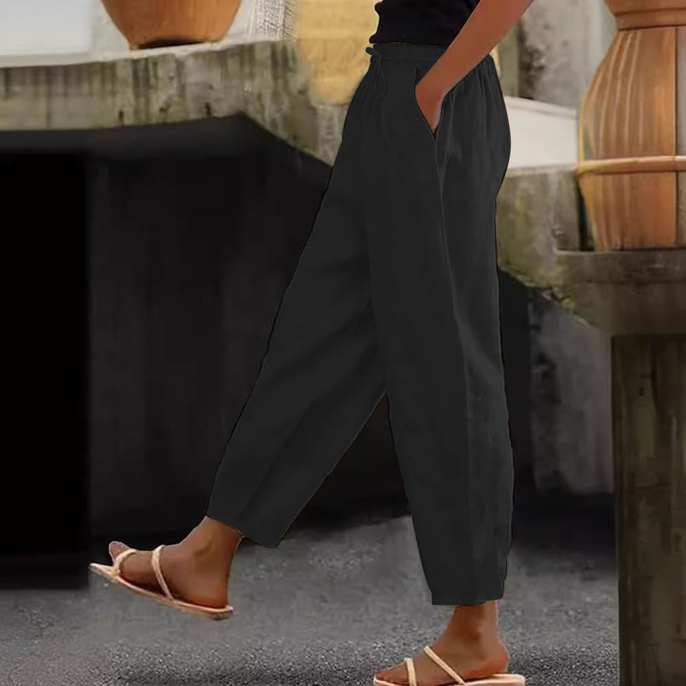 Cotton-Linen Elastic Waist Pants