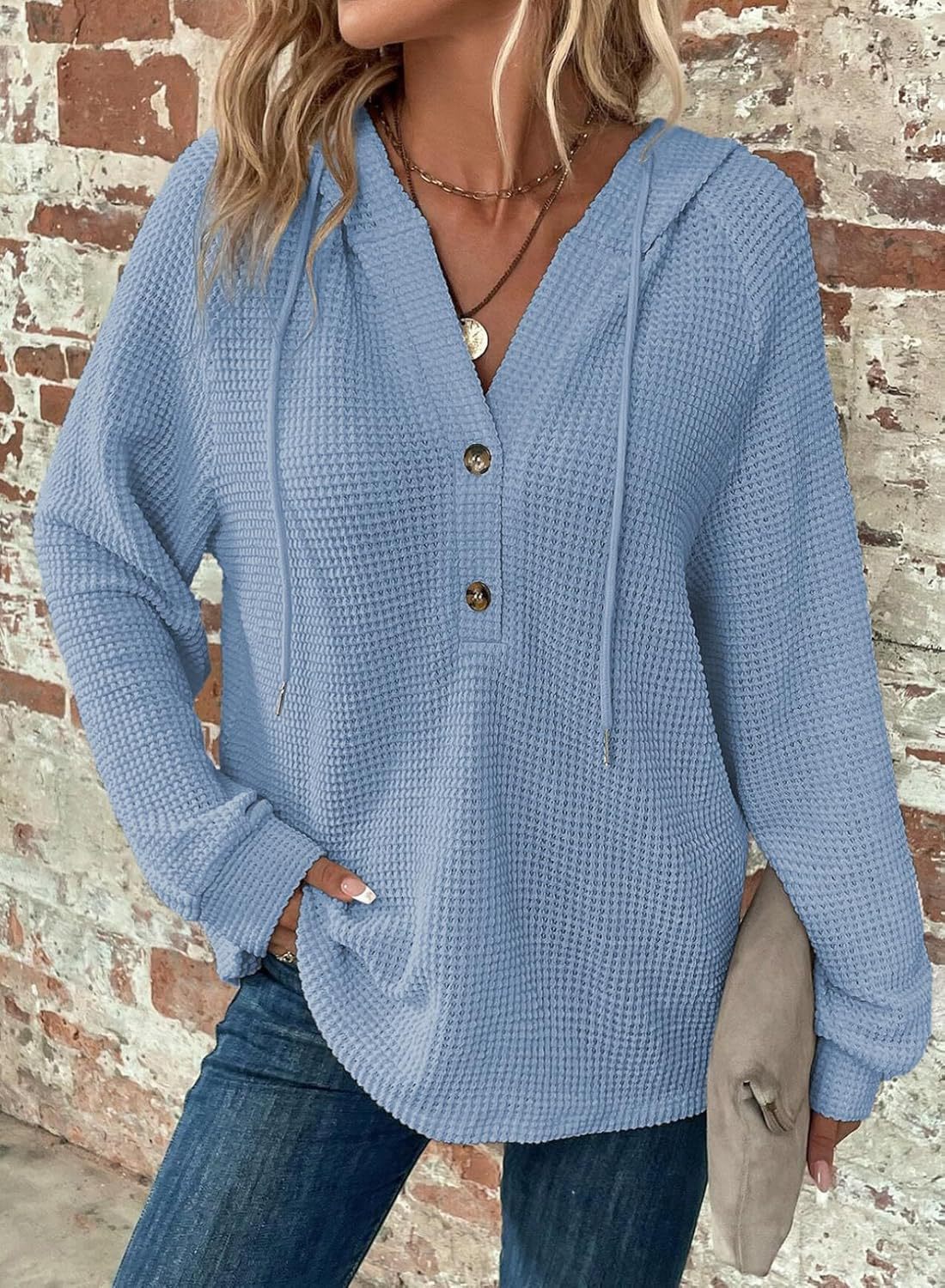 Waffle-Knit Hooded Sweatshirt