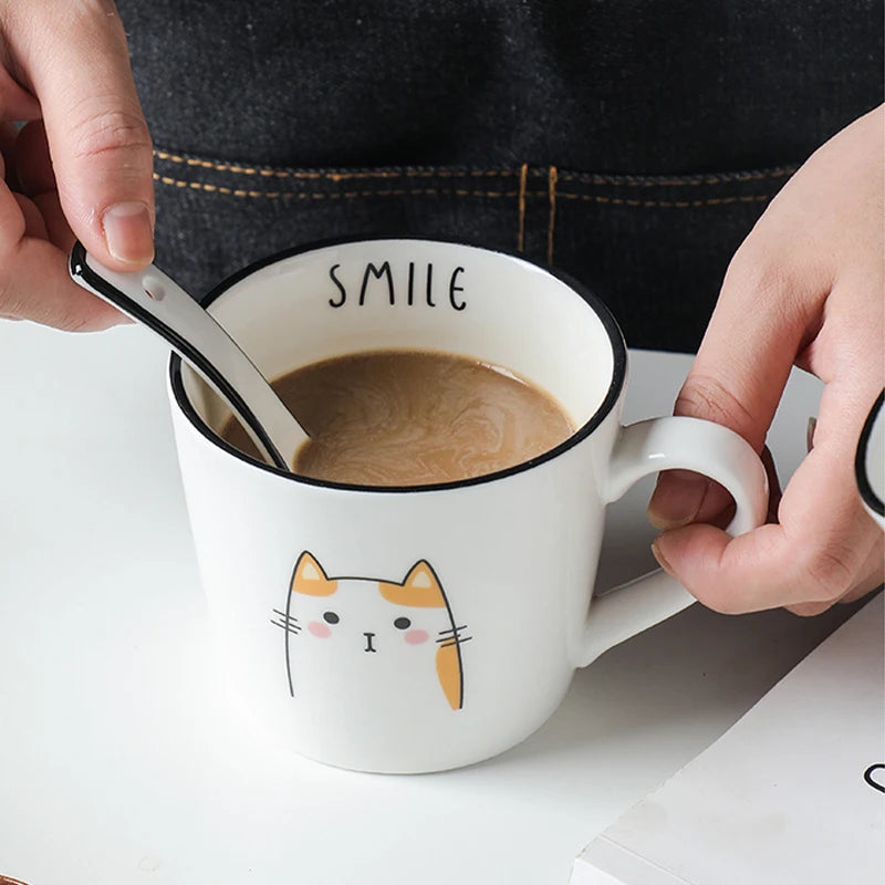 Cartoon Cat Ceramic Mug with Spoon