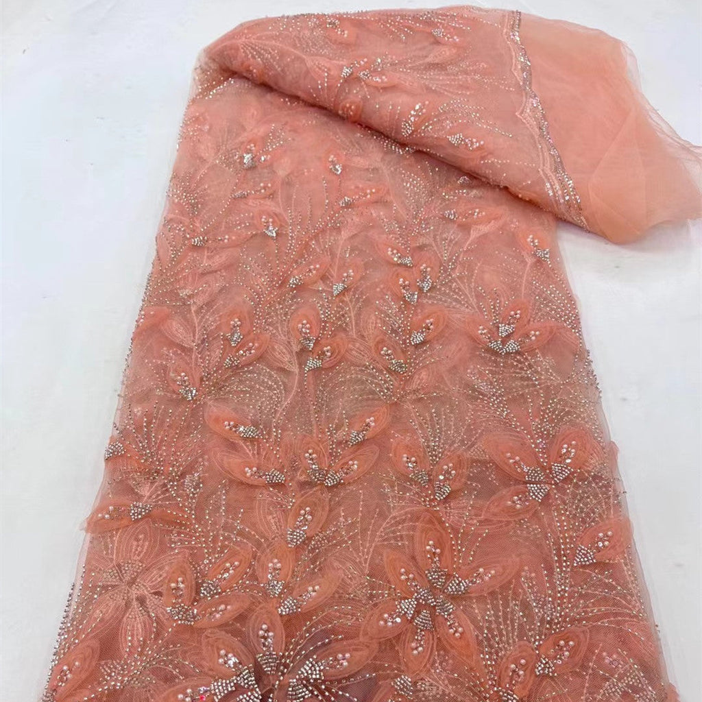 Floral Beaded Tulle Lace Fabric (5 Yards)