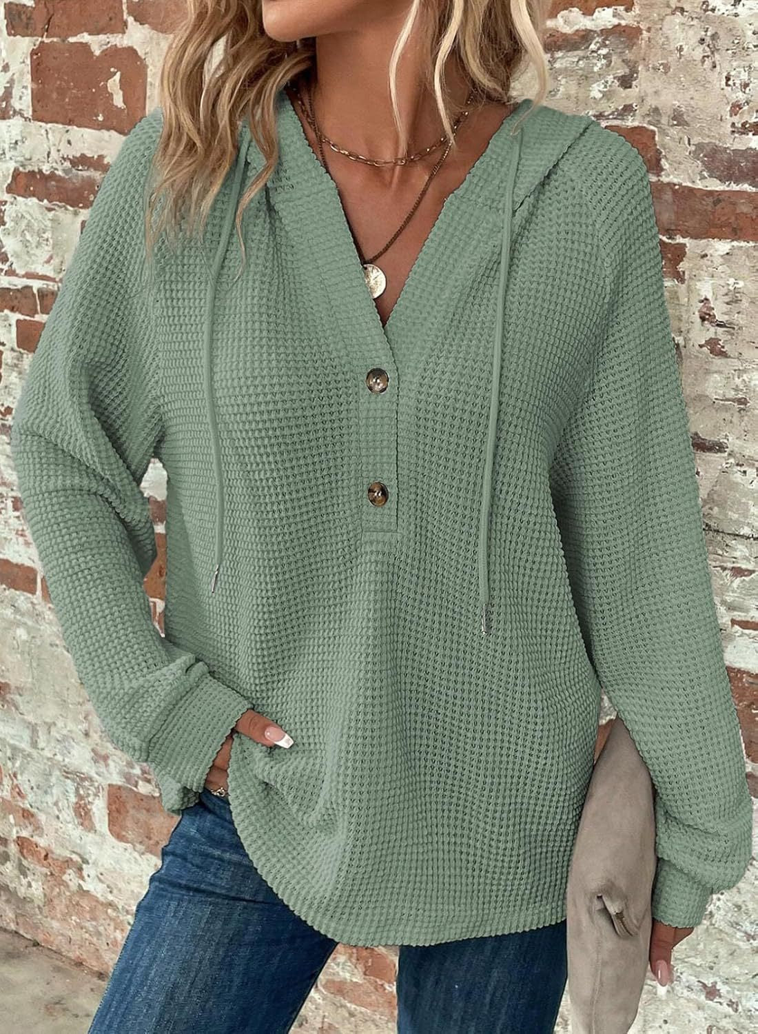 Waffle-Knit Hooded Sweatshirt