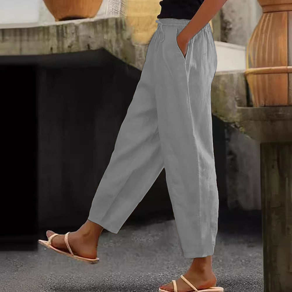 Cotton-Linen Elastic Waist Pants