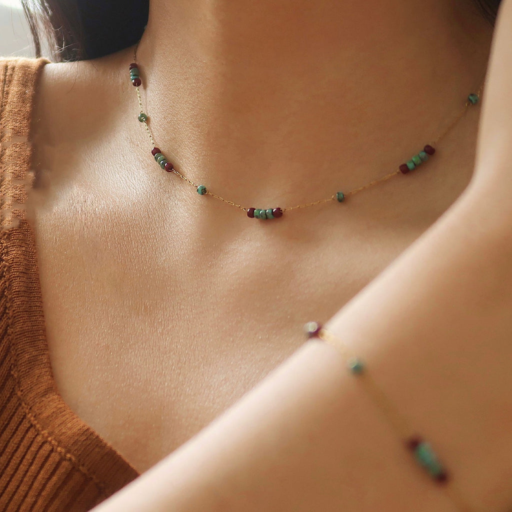 Turquoise & Red Glass Bead Necklace