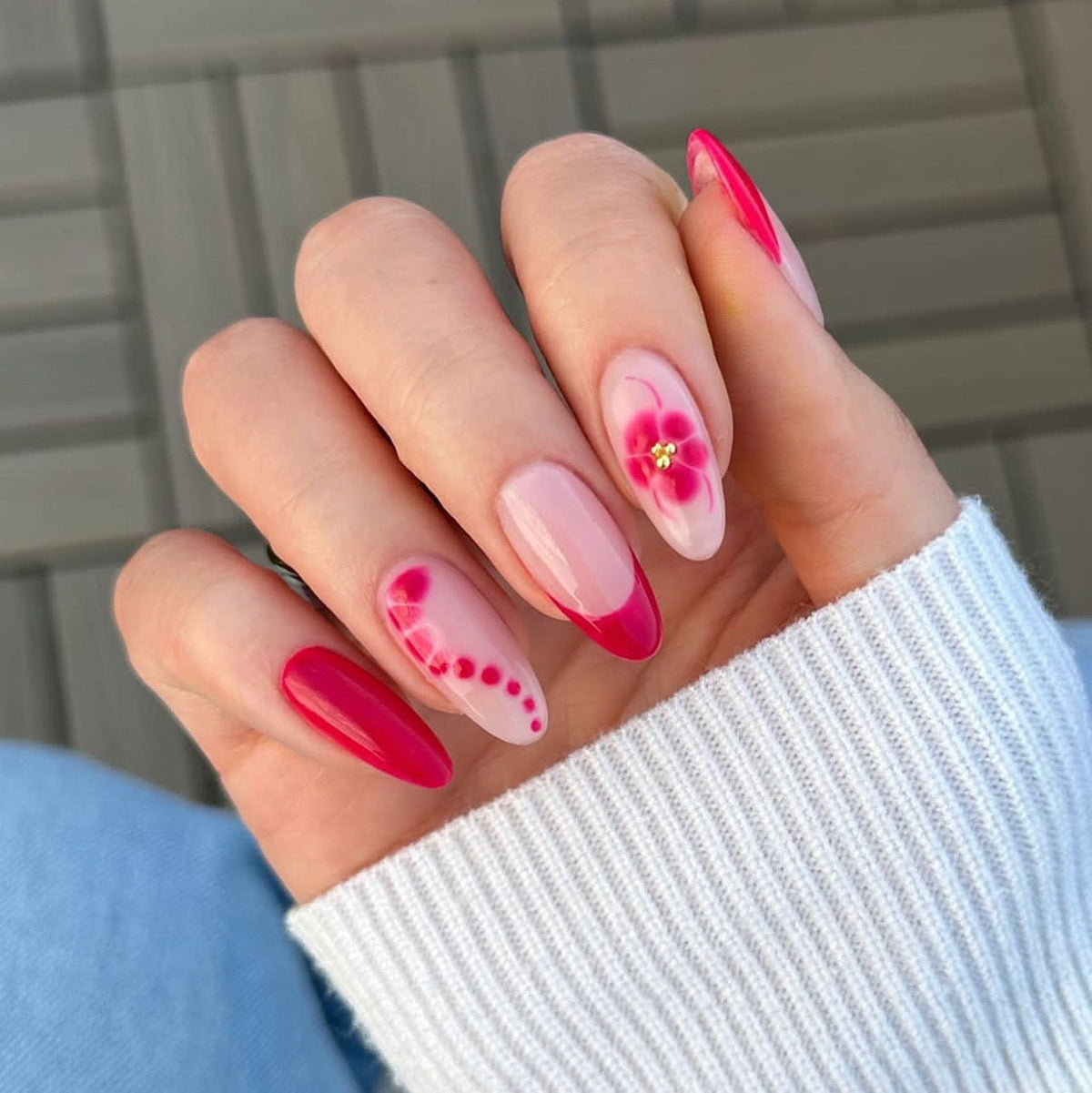 French Red Flower Press-On Nails