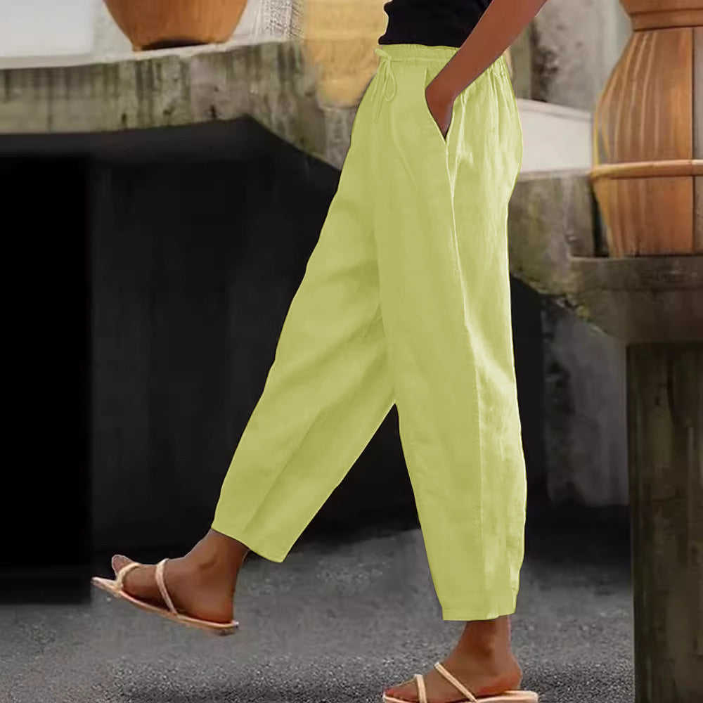 Cotton-Linen Elastic Waist Pants