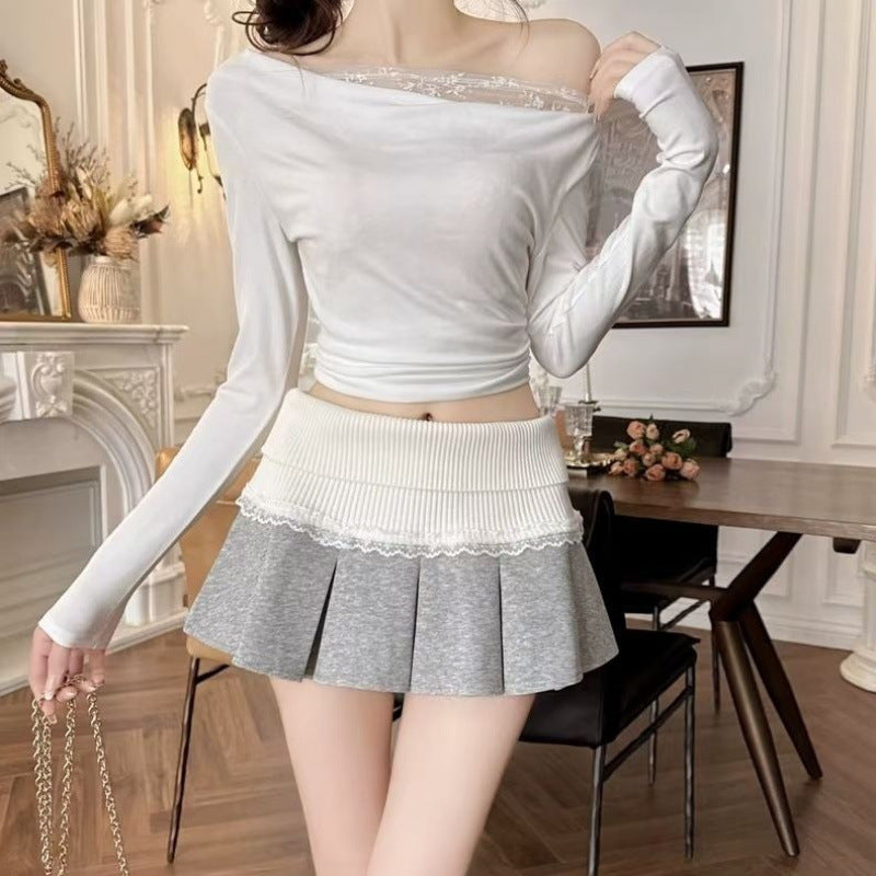 Lace-Trim Pleated Mini Skirt