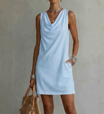 Draped-Neck Sleeveless Dress