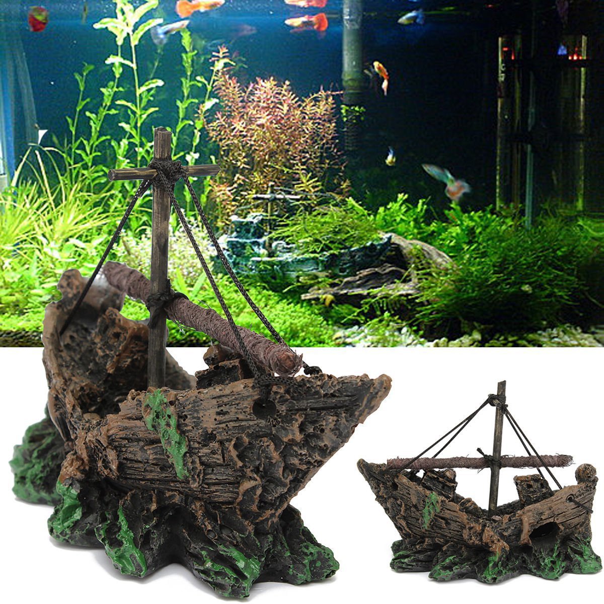 Mini Fishing Boat Aquarium Ornament