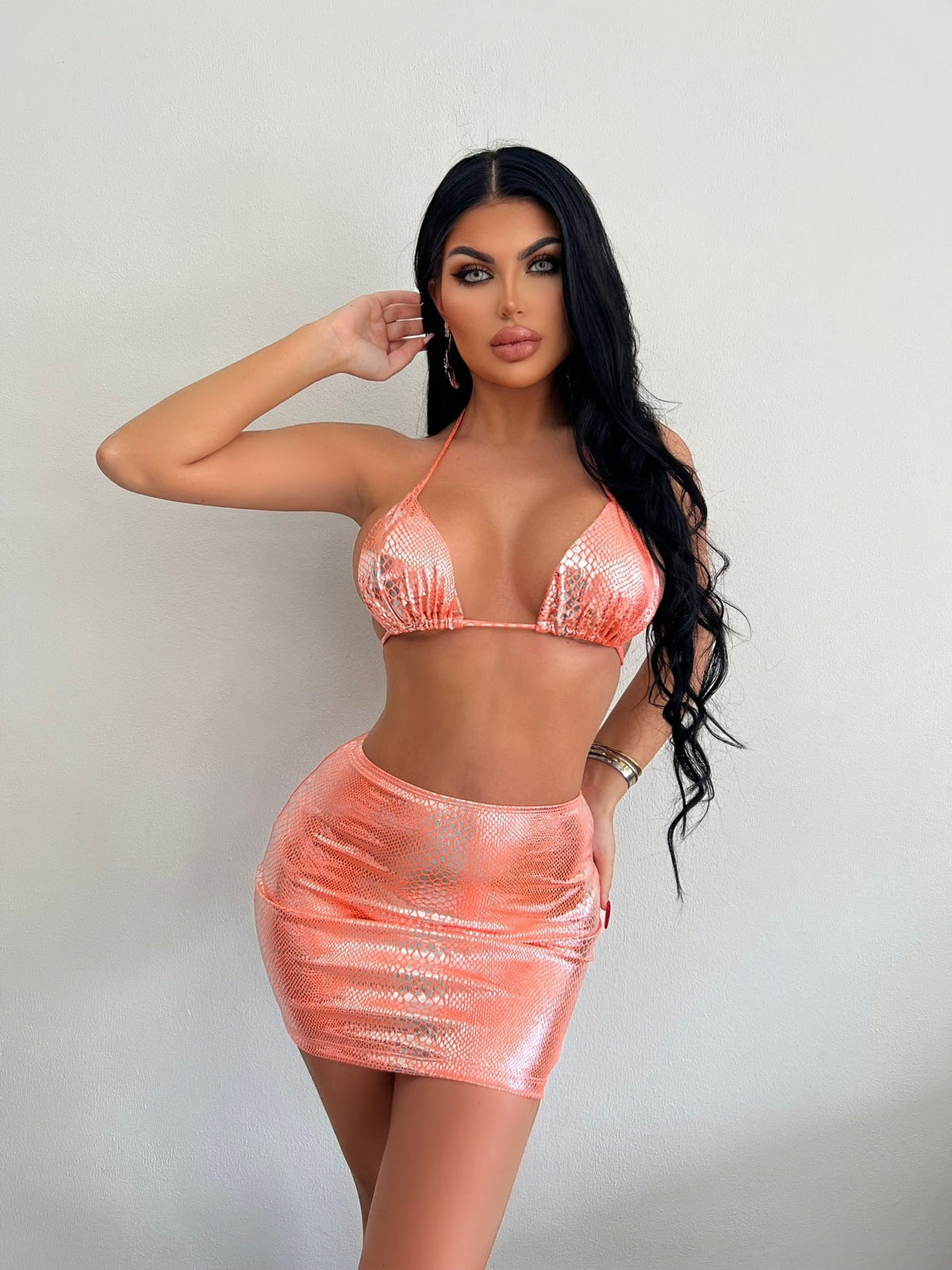 3-Piece Snake Print Bikini with Skirt