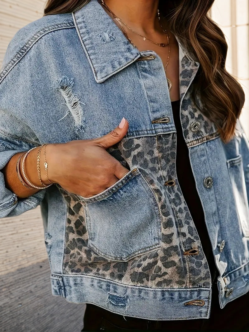 Leopard Patch Distressed Denim Jacket