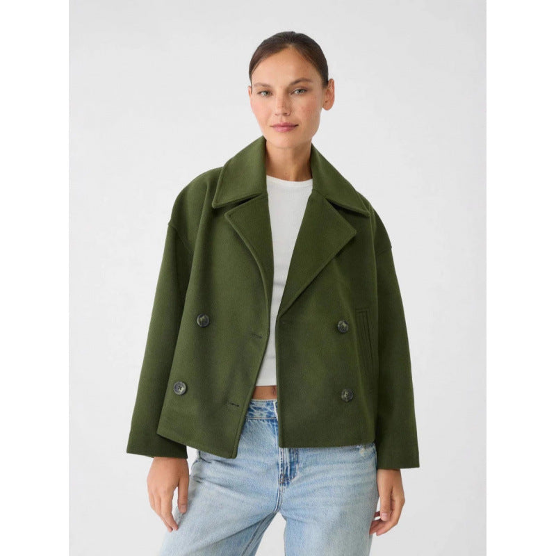 Double-Breasted Short Wool-Blend Coat
