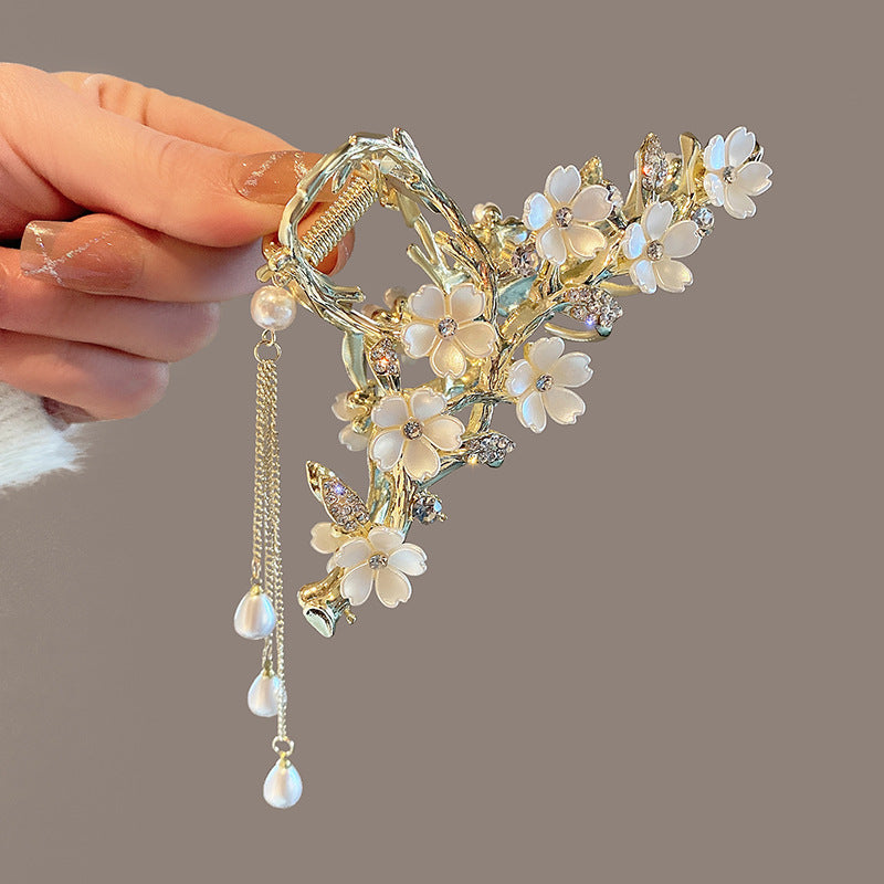 Pearl & Rhinestone Tassel Hair Claw Clip