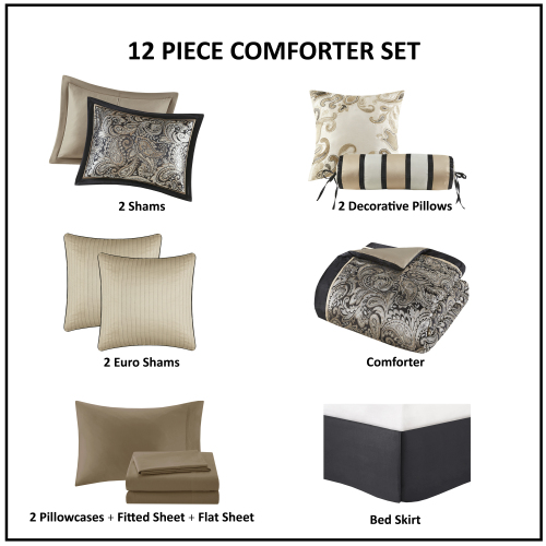 12-Piece Comforter Set with Sheets (Queen, Black)