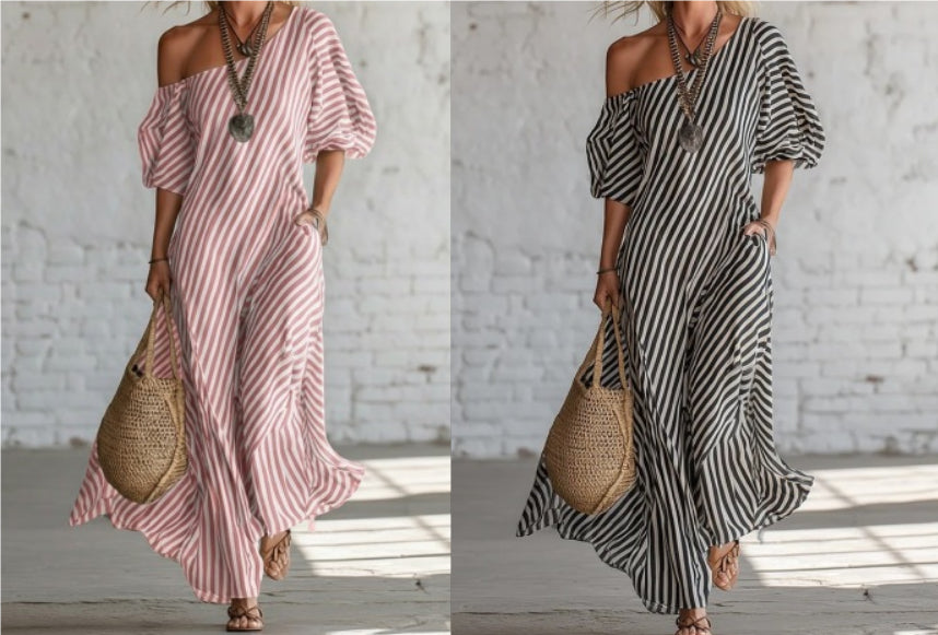Striped Off-Shoulder Maxi Dress
