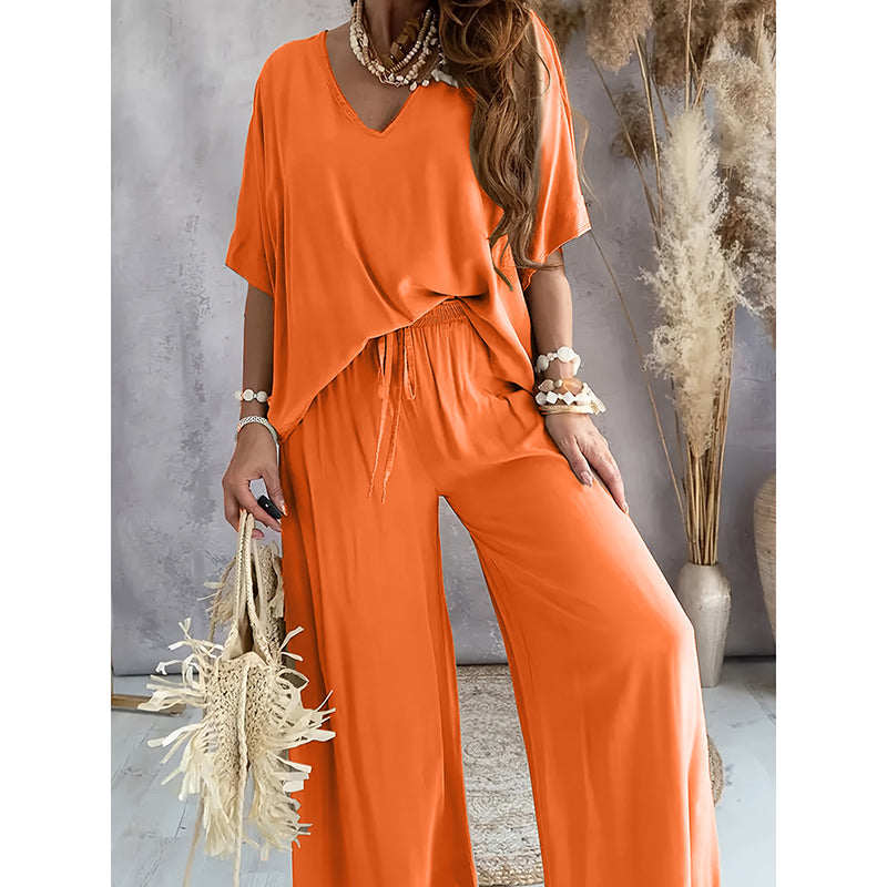 V-Neck Top & Wide-Leg Pants Lounge Set