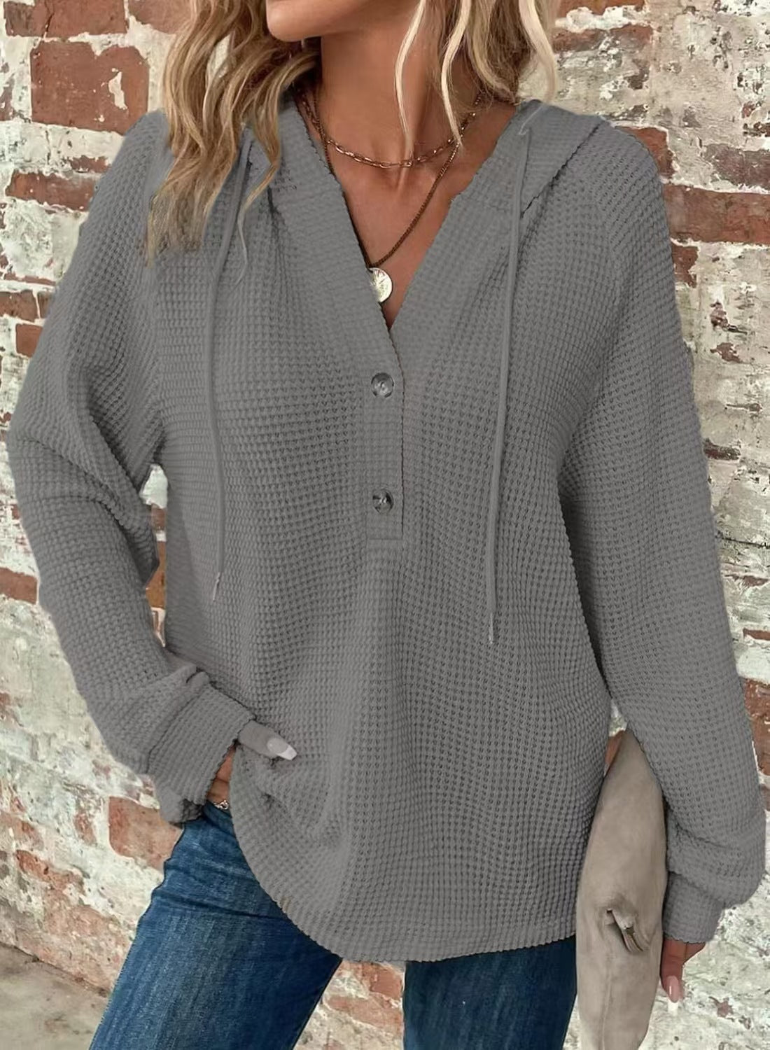 Waffle-Knit Hooded Sweatshirt