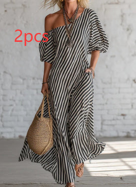Striped Off-Shoulder Maxi Dress