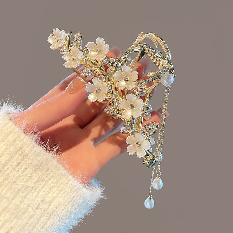 Pearl & Rhinestone Tassel Hair Claw Clip