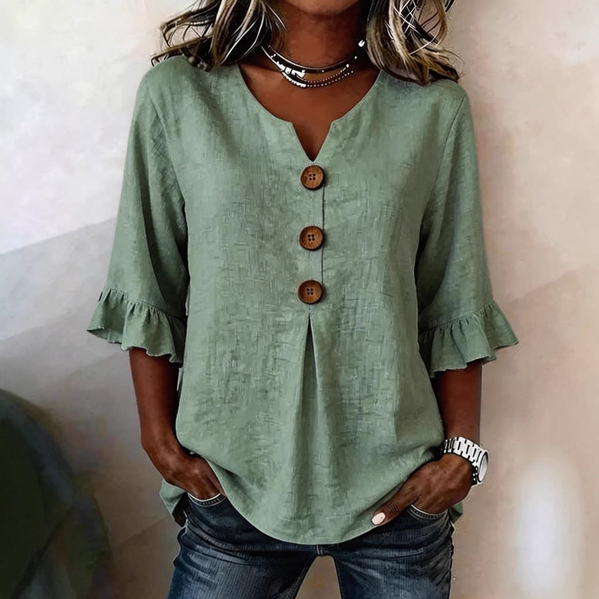 Ruffle-Sleeve Button Blouse